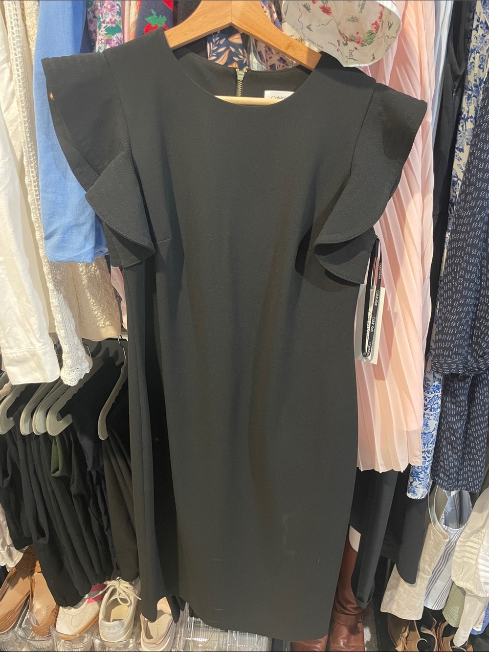 Calvin Klein Black Midi Sheath Dress with Ruffle Sleeves